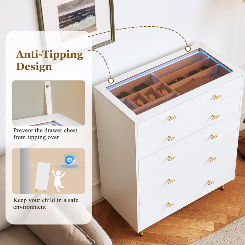 Rebrilliant 5 Drawer Closet Island With Drawers Glass Top & Wardrobe ...
